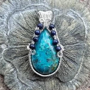 Chrysocolla Gem Silica Pendant ❤ Sapphire Beads